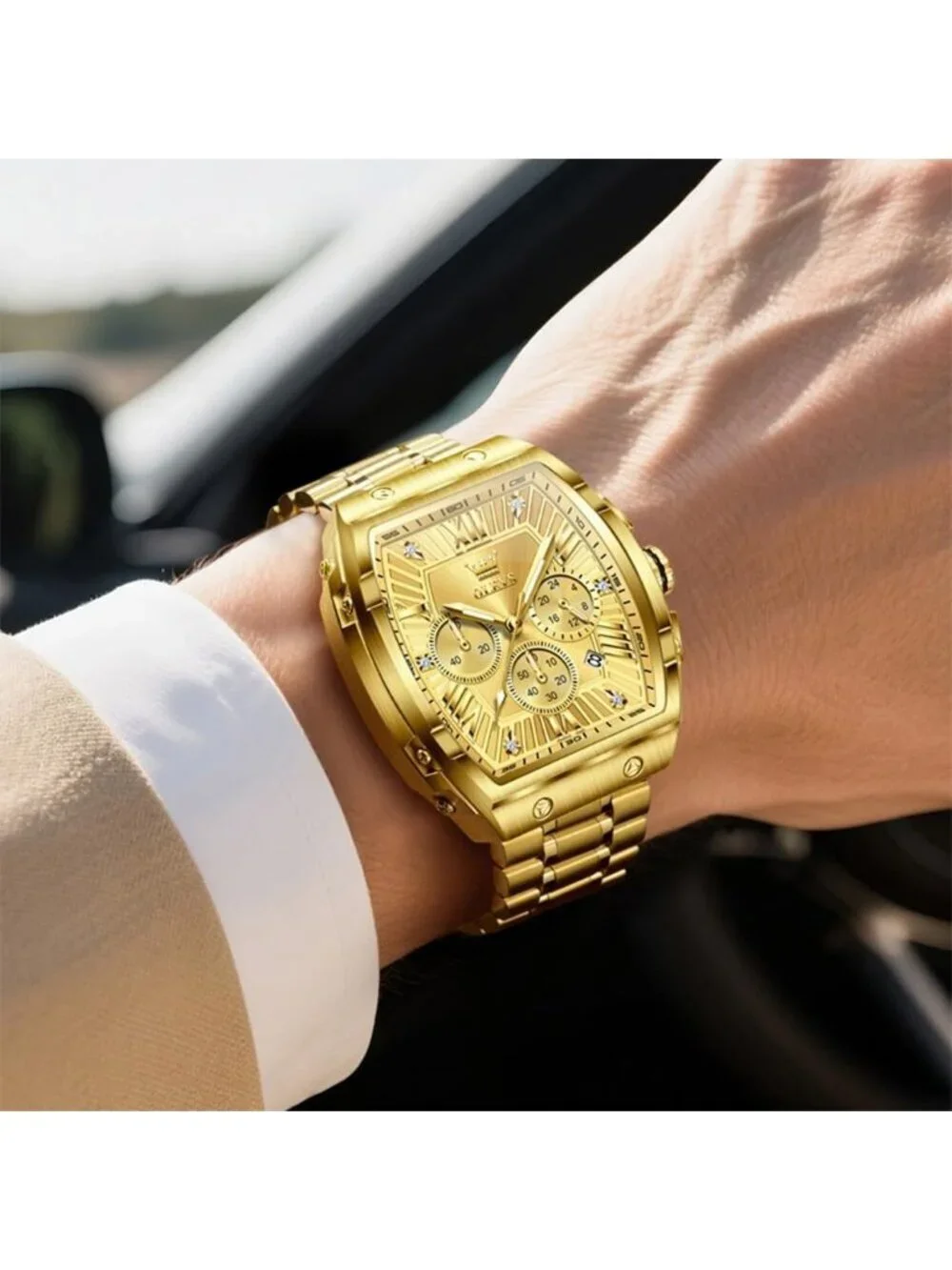 Men's Gold Chronograph Rectangle Stainless Steel Luminous Quartz Classic Watch